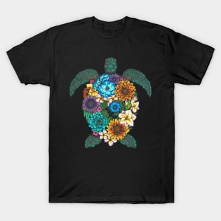 Floral Turtle Black Background T-Shirt